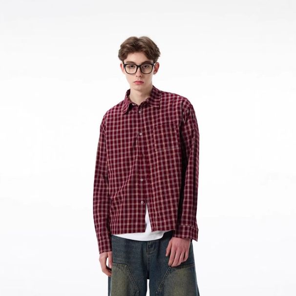 Spring vintage wine red checkered shirt jacket, spring and autumn men's and women's loose casual new long sleeved jacket top_viptrois.com
