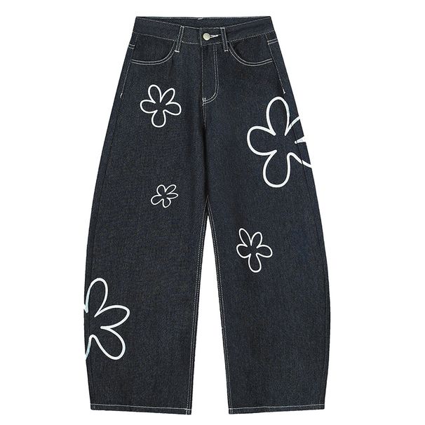 Cartoon Flower Print Scimitar Jeans For Men Loose American Style Wide Leg Pants High Street Floor-Length Trousers_viptrois.com