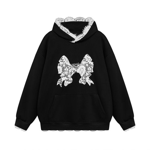 Bow Lace Trim Hooded Sweatshirt Men's Trendy Brand Vibe Autumn Winter Loose Casual Pullover Sports Shirt_viptrois.com