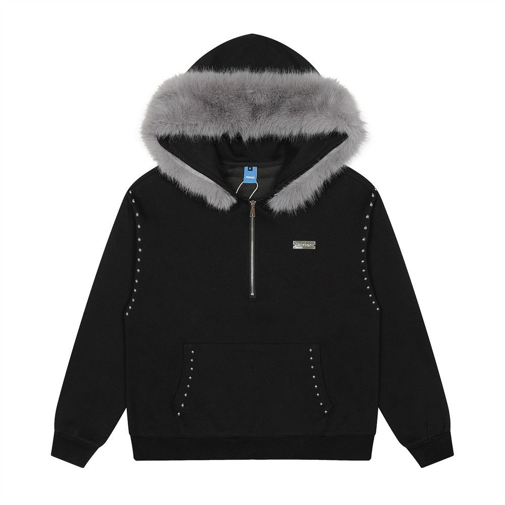 Fur Collar Hooded Sweatshirt For Men, Autumn And Winter Style, Metal Rivet Decoration, Unique Design, Loose Half-Zip_viptrois.com
