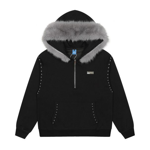 Fur Collar Hooded Sweatshirt For Men, Autumn And Winter Style, Metal Rivet Decoration, Unique Design, Loose Half-Zip_viptrois.com
