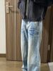Washed Blue Straight Jeans For Men, Spring And Autumn American High Street Vibe , Clean Fit Curved Hem Flared Long_viptrois.com
