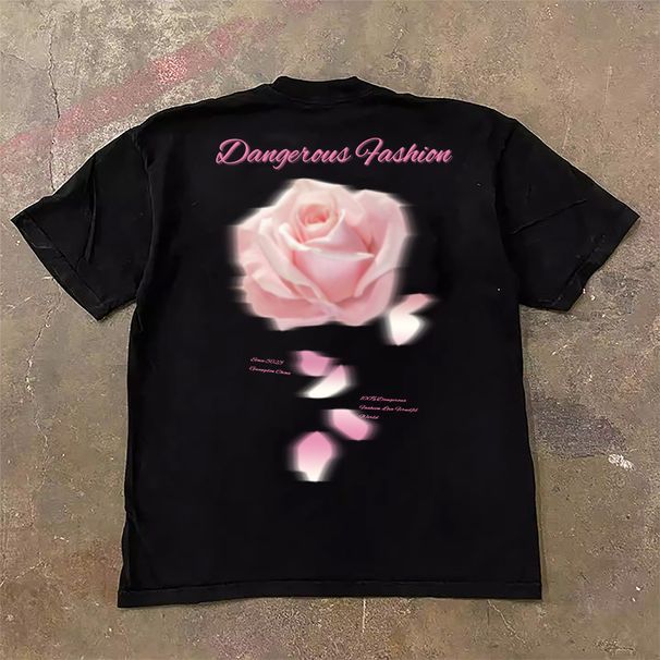 Heavyweight Pure Cotton Oversized T-Shirt For Couples Loose Short-Sleeved Men's And Women's Pink Rose Print Top_viptrois.com