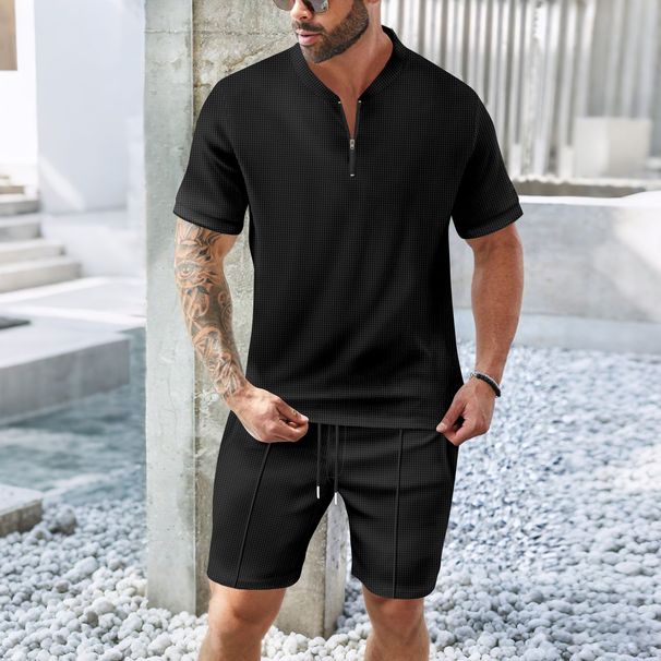 Men's Clothing Men's Clothing Men's Summer Waffle Stand Collar Zipper Solid Color Short Sleeved Shorts Men's Outdoor Leisure Suit_viptrois.com