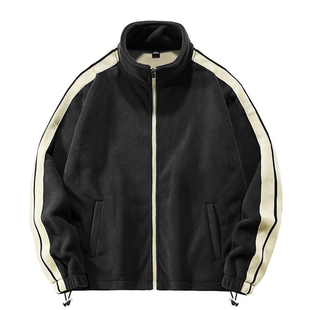 Men's Fleece-Lined Zip-Up Jacket – Winter Stand Collar Color-Block Pullover (Polyester Blend, Thickened, Side Pockets, Street & Sport Style)_viptrois.com
