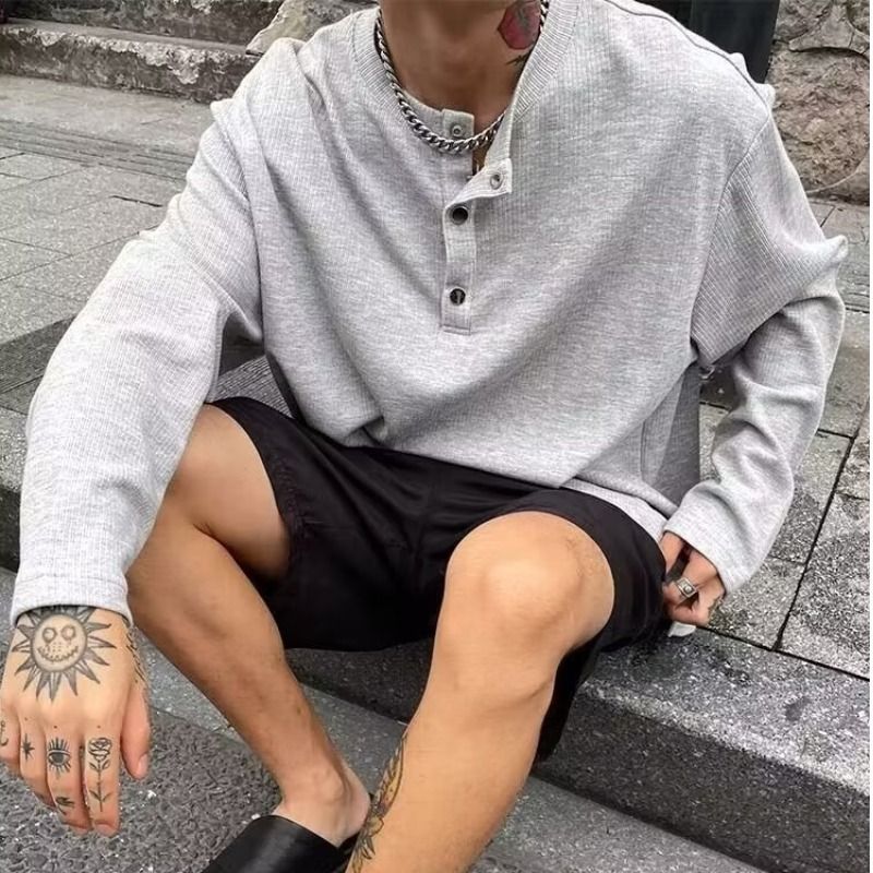 Men's Clothing Spring And Autumn Sweater Long Sleeve T Shirt Men's Fashion Brand Loose Casual American Retro Button Pullover Top_viptrois.com