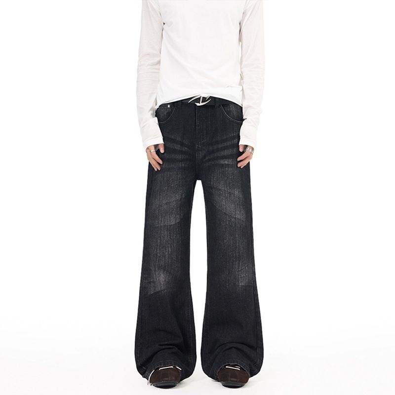 Unisex High Street Washed Denim Jeans 90s Vintage Cat Whisker Flared Hem Slim Fit Straight to Flare for Men And Women S-2XL_viptrois.com