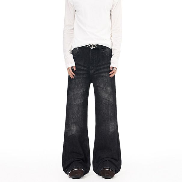 Unisex High Street Washed Denim Jeans 90s Vintage Cat Whisker Flared Hem Slim Fit Straight to Flare for Men And Women S-2XL_viptrois.com