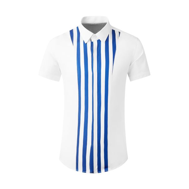 Men's Blue Striped Patchwork Short Sleeve Shirt – Slim Fit Casual Summer Top With Trendy Contrast Design_viptrois.com