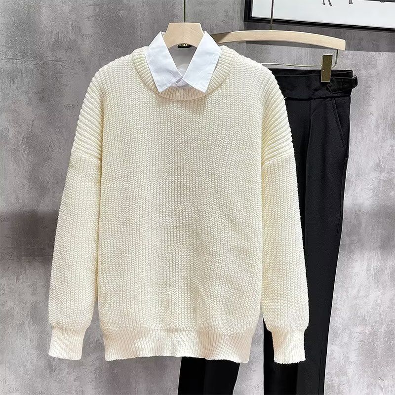 New solid color round neck sweater for men's autumn and winter versatile knitwear, lazy pullover sweater, fashionable_viptrois.com