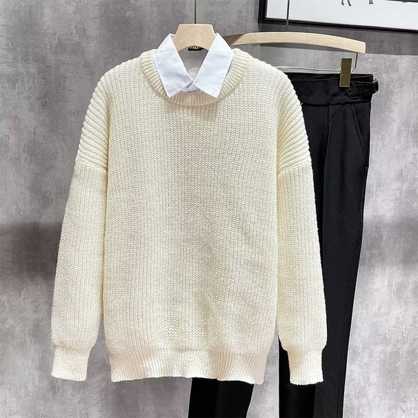 New solid color round neck sweater for men's autumn and winter versatile knitwear, lazy pullover sweater, fashionable_viptrois.com