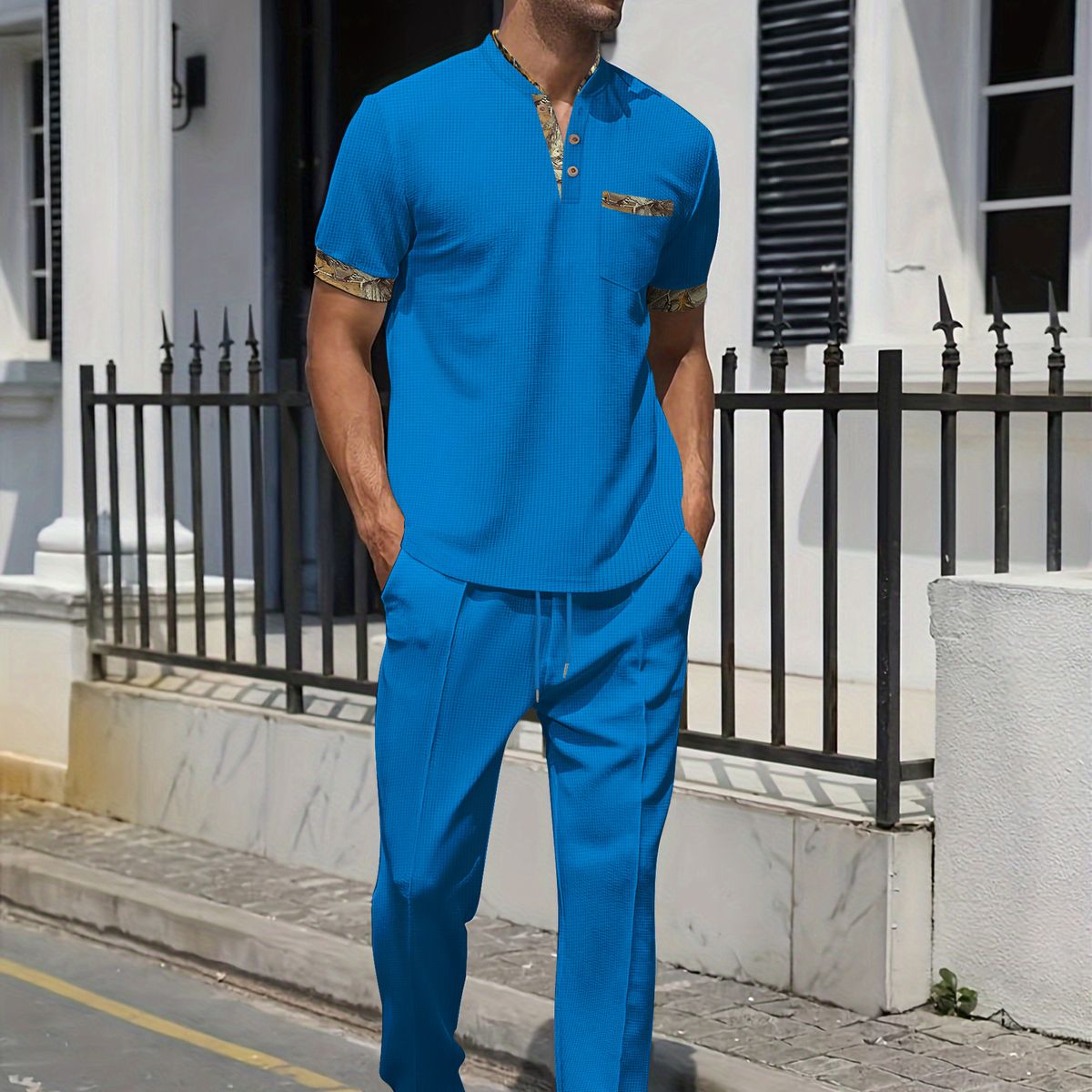 Summer Men's Waffle Knit Pocket T-Shirt & Long Pants Casual Lounge Set - Breathable Cotton Blend, Comfort Fit, S-XXXL (Khaki, White, Gray, Black, Blue_viptrois.com