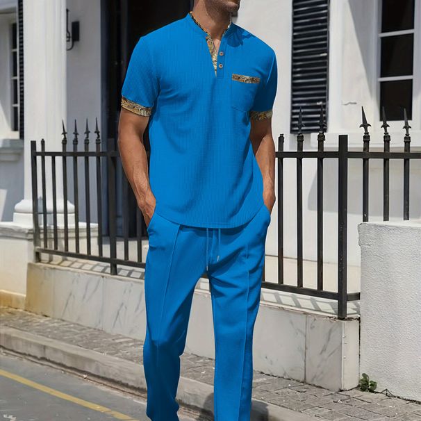 Summer Men's Waffle Knit Pocket T-Shirt & Long Pants Casual Lounge Set - Breathable Cotton Blend, Comfort Fit, S-XXXL (Khaki, White, Gray, Black, Blue_viptrois.com