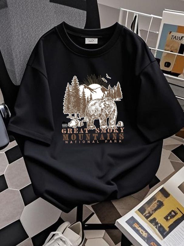 Great Smoky Mountains Bear In The Woods Men's T Shirt Soft Versatile Homme Fashion Unisex Stylish Graphic Breathable Streetwear Designer Clothes_viptrois.com
