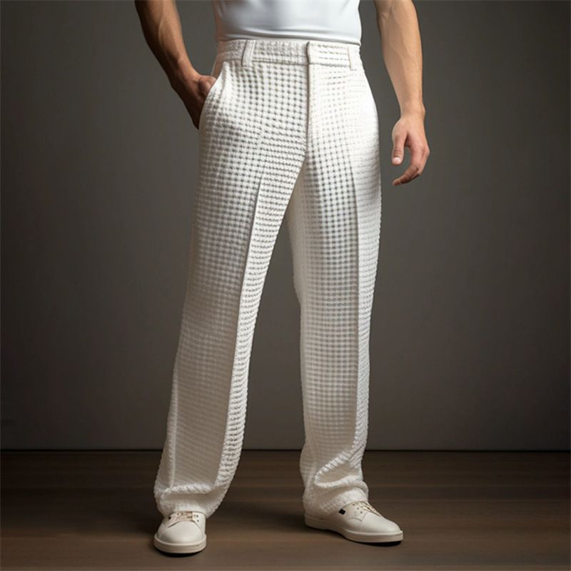 Men's Clothing Formal Business Solid Color Waffle Slant Front Pocket Straight Casual Vacation Fashion Trousers_viptrois.com