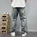 Heavy Washed Distressed Men's Trendy Patchwork High-End Embroidery Print Loose Tapered Straight Jeans_viptrois.com