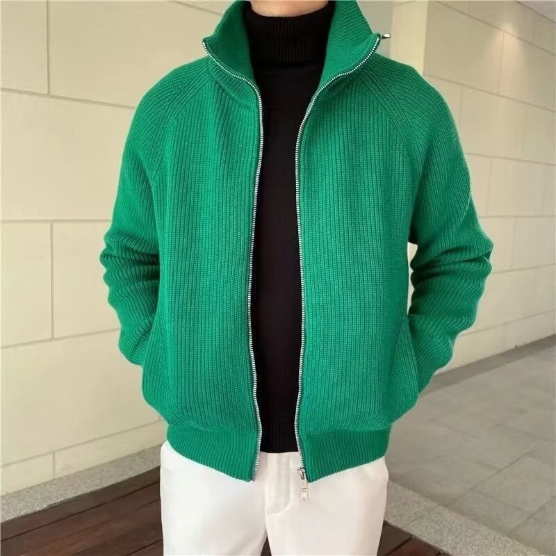 Loom European And American Style Simple High-End Green Stand Knitted Cardigan Unisex Winter Half-High Collar Sweater Men's_viptrois.com