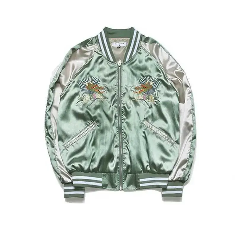 Japanese Varsity Jacket, Embroidered Style: Men's Satin Bomber With Dragon Design, Haruku Inspired, Double Zipper,_viptrois.com