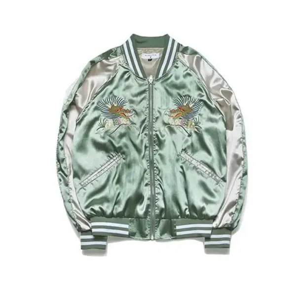 Japanese Varsity Jacket, Embroidered Style: Men's Satin Bomber With Dragon Design, Haruku Inspired, Double Zipper,_viptrois.com