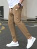 Men's Slim Fit Casual Pants - Solid Color, Nine-Point Design, Leather Label Detail, Comfortable Pocket Trousers_viptrois.com