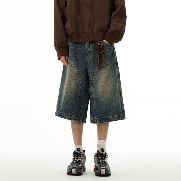 Denim Shorts Men's Retro Pants Logging Wide Leg Shorts Six Point Pants Couple Summer_viptrois.com