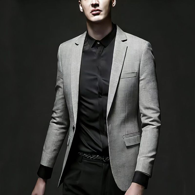 Modern Men's Business Casual Wool Blend Checkered Blazer - Slim Fit Single Breasted Suit Jacket For Office & Leisure_viptrois.com