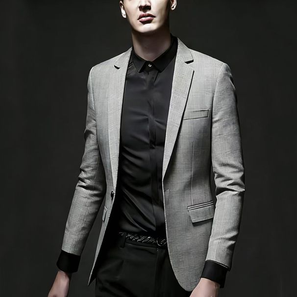 Modern Men's Business Casual Wool Blend Checkered Blazer - Slim Fit Single Breasted Suit Jacket For Office & Leisure_viptrois.com