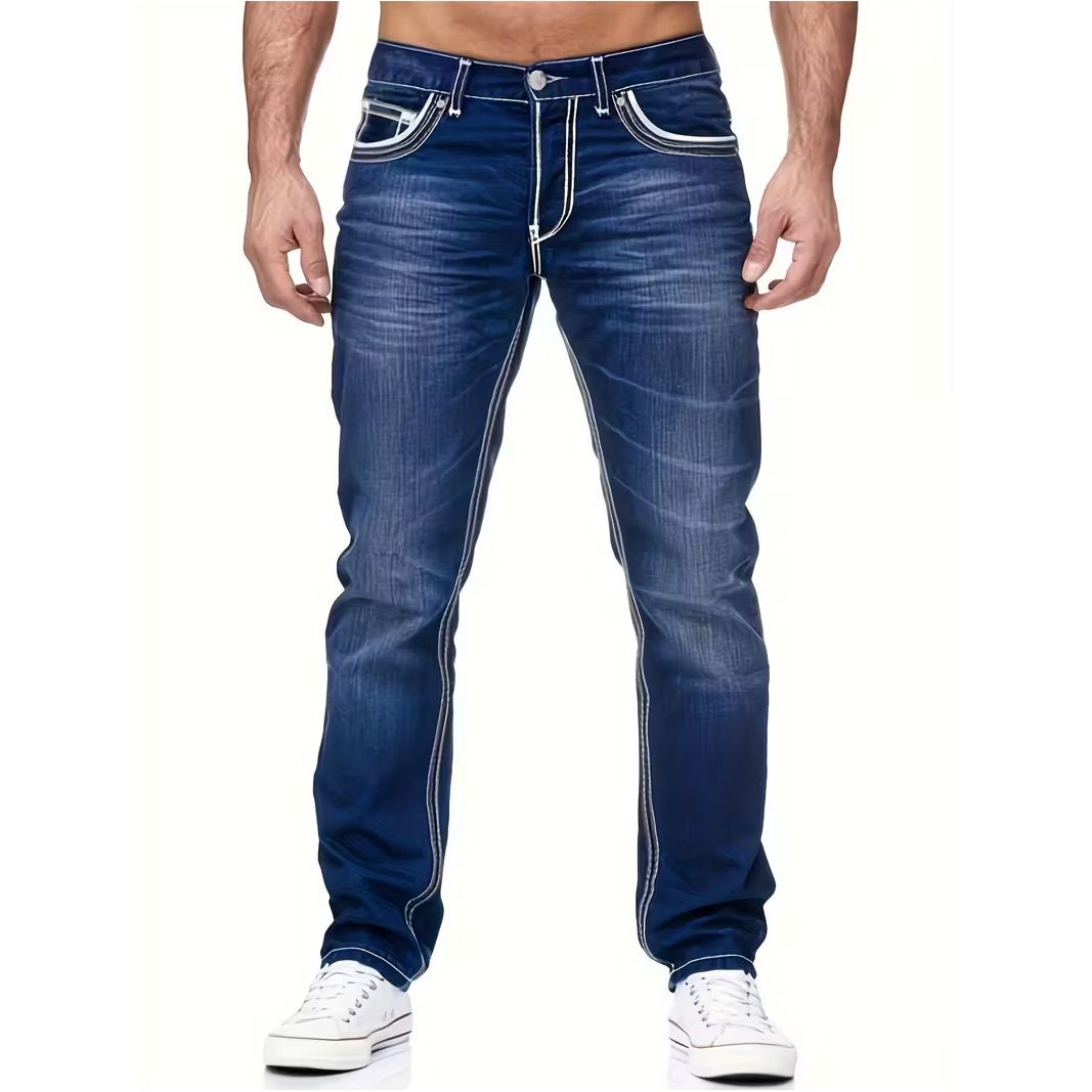 Men's Straight Leg Jeans | Classic Stone Washed Denim Pants For Casual Street Style Mid-Rise Waist With Zipper Fly_viptrois.com