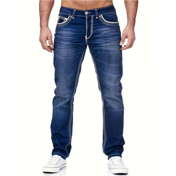 Men's Straight Leg Jeans | Classic Stone Washed Denim Pants For Casual Street Style Mid-Rise Waist With Zipper Fly_viptrois.com