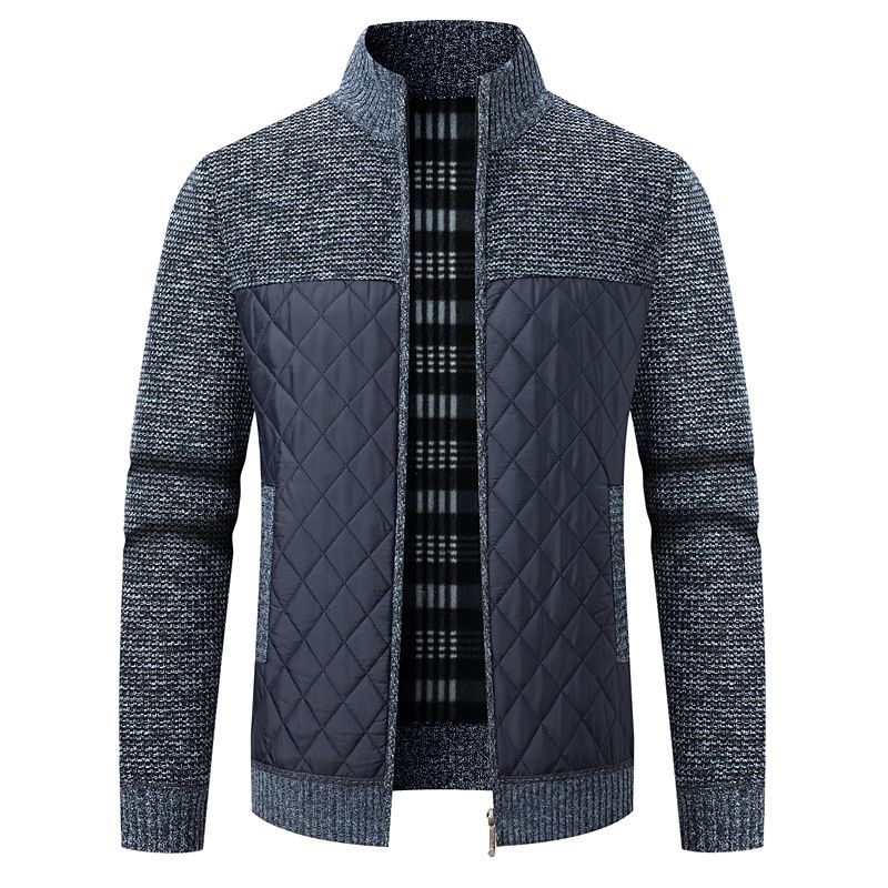Men's Stand Collar Fleece-Lined Thickened Long Sleeve Color Block Knit Cardigan Winter Warm Slim Fit Pullover Sweater (Multiple Colors )_viptrois.com