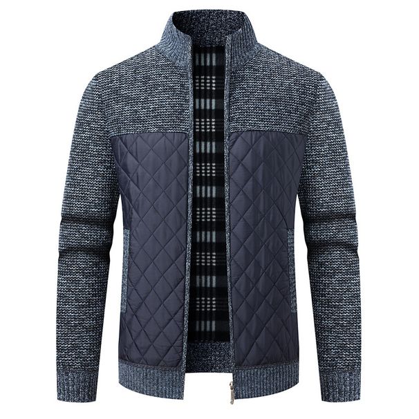 Men's Stand Collar Fleece-Lined Thickened Long Sleeve Color Block Knit Cardigan Winter Warm Slim Fit Pullover Sweater (Multiple Colors )_viptrois.com