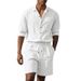 Men's Clothing Men's Summer New Loose Trend Linen Solid Color Simple Long Sleeved Shirt Beach Shorts Suit_viptrois.com