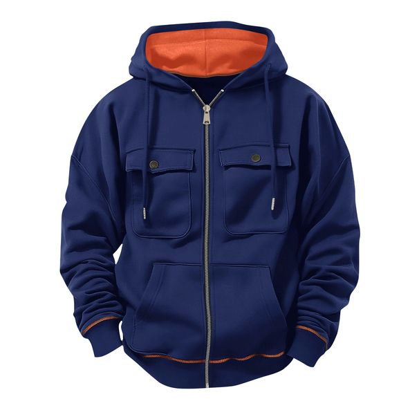 Men's Fleece Lined Zip Up Hoodie With Multiple Pockets - Winter Warm Pullover For Casual & Outdoor Activities_viptrois.com