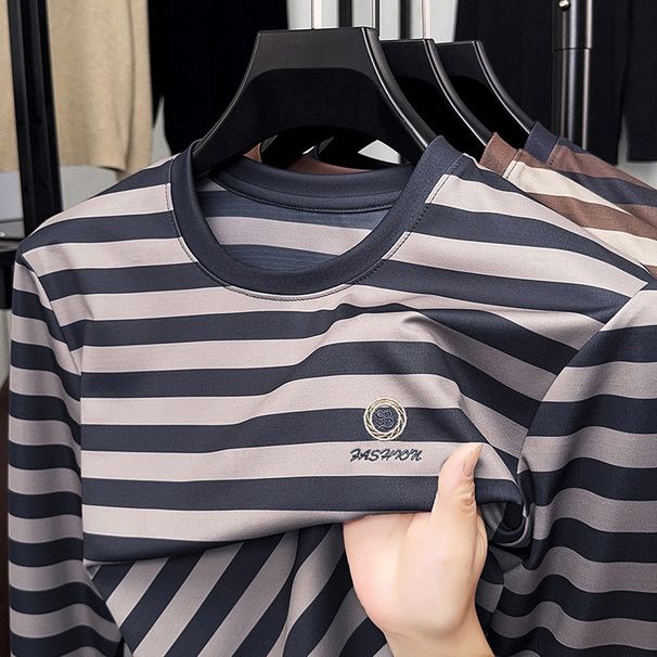 2025 Spring Men's Long Fashion Trend Autumn New Round Neck Versatile Short Sleeve Sweatshirt Base Shirt_viptrois.com