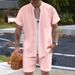 Men's Clothing Shirt Casual Henry Collar Pocket Short Sleeved Shorts Beach Suit_viptrois.com