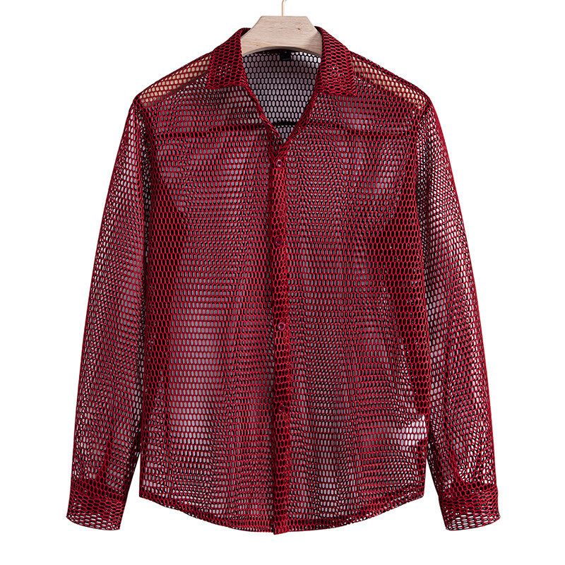 Men's Clothing Hollow Nightclub Style Long Sleeved Shirt Fashionable Thin Breathable Youth Loose European Size Shirt_viptrois.com