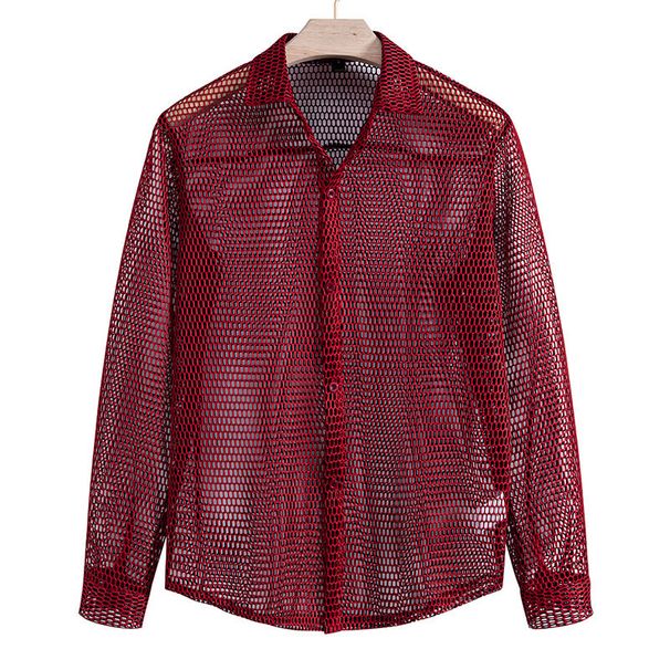 Men's Clothing Hollow Nightclub Style Long Sleeved Shirt Fashionable Thin Breathable Youth Loose European Size Shirt_viptrois.com