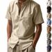 Men's Clothing Solid Color Linen Lapel Short Sleeved Shirt Loose Casual Pocket Shirt_viptrois.com