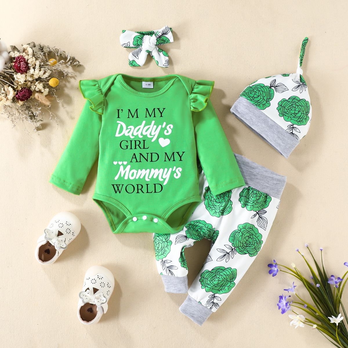 Babies' clothes spring and autumn baby girl four-piece set baby long-sleeved alphabet romper high waist flower trousers hat headband_viptrois.com