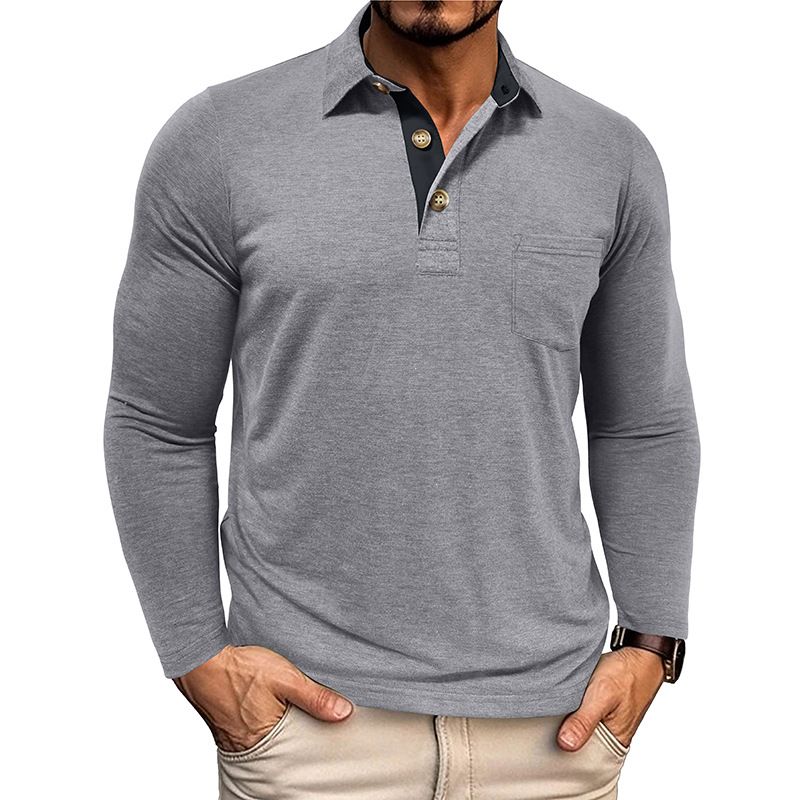 Men's Clothing Men's Long Sleeve T-Shirt With Collar - Comfortable Cotton Blend Fabric, Classic Fit, Multiple Colors For Everyday Wear_viptrois.com