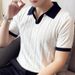 Men's Clothing Summer Breathable Italian Color Matching Light Mature Men's Polo Shirt V Lapel Elastic Texture Slim Short Sleeved Knitted Sweater_viptrois.com