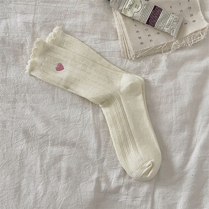 Unisex Embroidered Lace Socks With Heart Pattern, Medium Cuff, Breathable Cotton, Double-Needle Stitching, All-Season Wear_viptrois.com