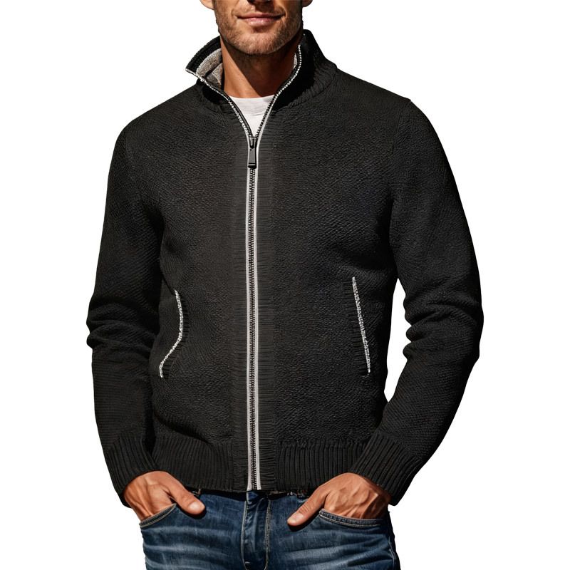 Autumn And Winter European Size Long Sleeved Stand Collar Zipper Cardigan Sweater Men's Plus Velvet Warm Sweater Men's Jacket_viptrois.com