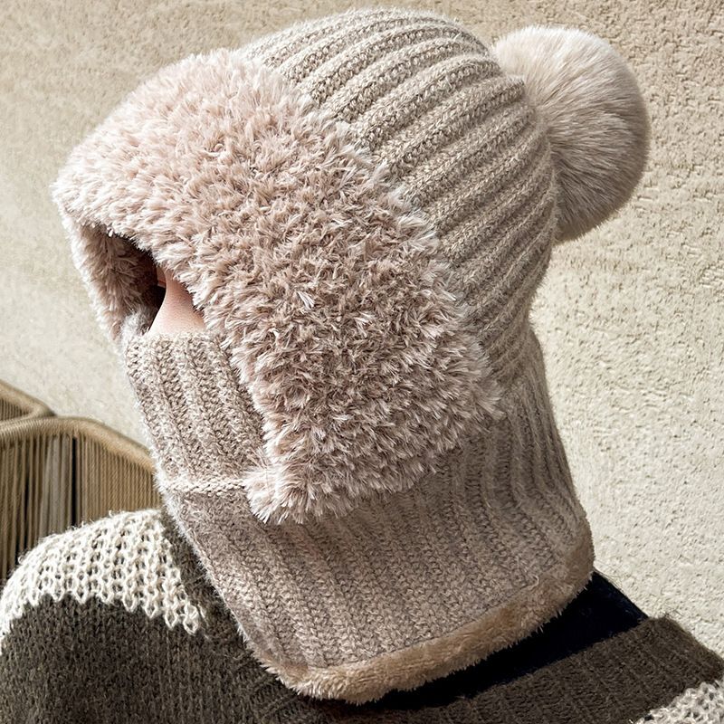 Multi functional knitted plush warm for women, autumn and winter outdoor cycling cold proof hat, scarf integrated_viptrois.com