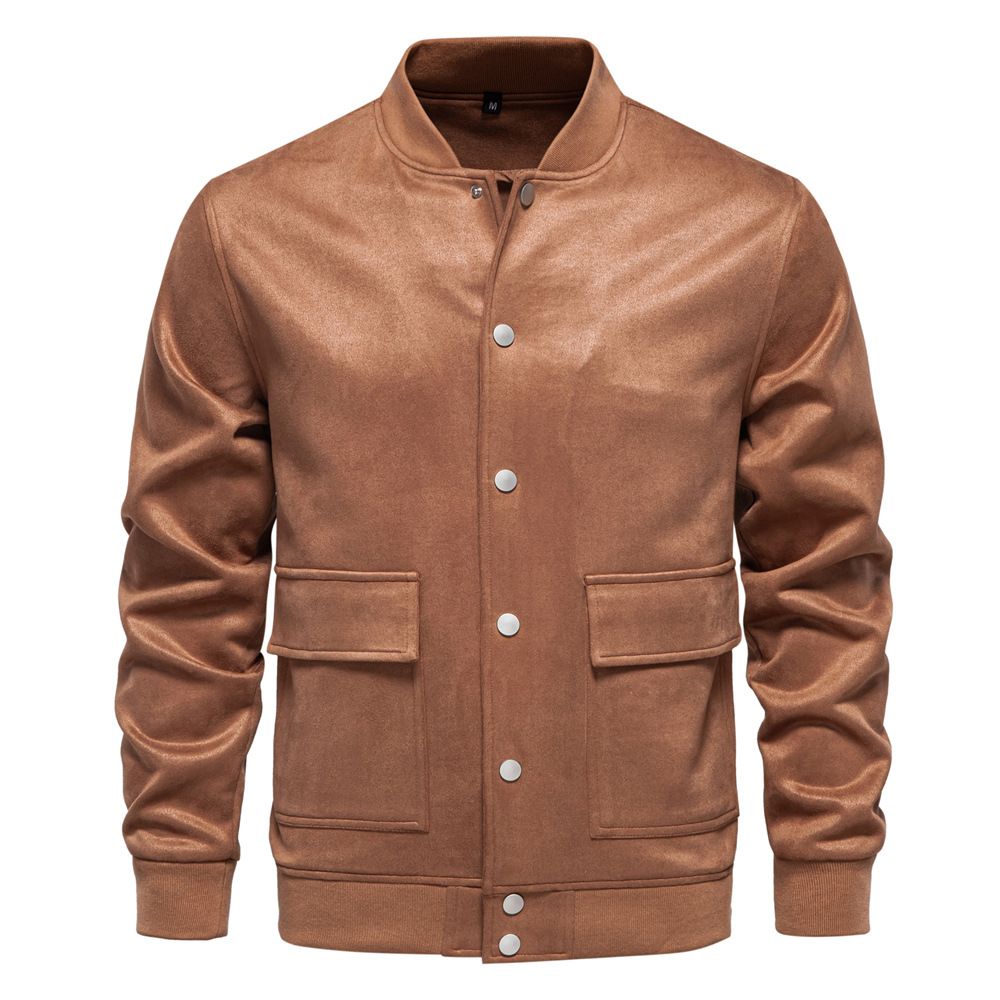 "Men's Suede Stand Collar Jacket – European-Sized Autumn & Winter Baseball Coat In Khaki/Grey/Green/Earthy Yellow (S-XXL)"_viptrois.com