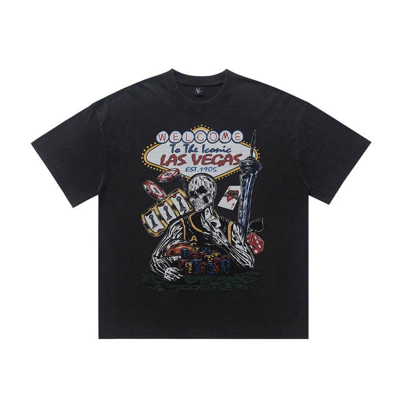 American-style Skull Poker Print High Street Washed Distressed Short-sleeve T-shirt For Men And Women_viptrois.com