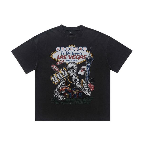 American-style Skull Poker Print High Street Washed Distressed Short-sleeve T-shirt For Men And Women_viptrois.com